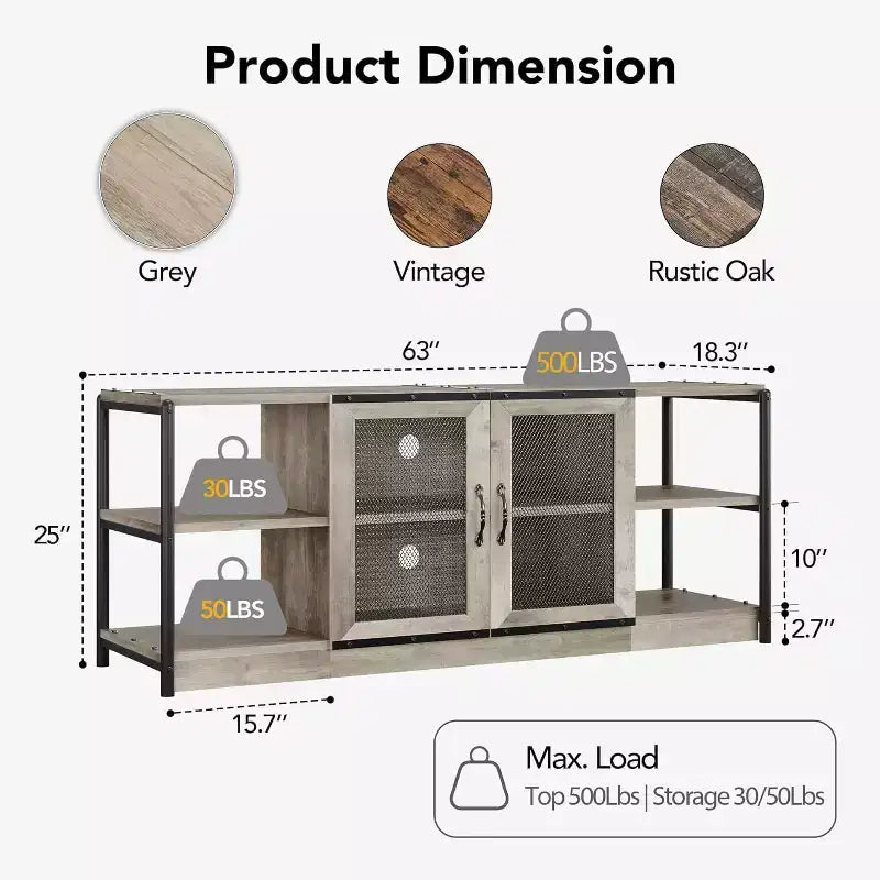 Meuble TV de ferme industriel 63" pour téléviseurs jusqu'à 75", capacité de charge 500 lb, console média avec portes grillagées doubles, meuble de rangement pour salon
