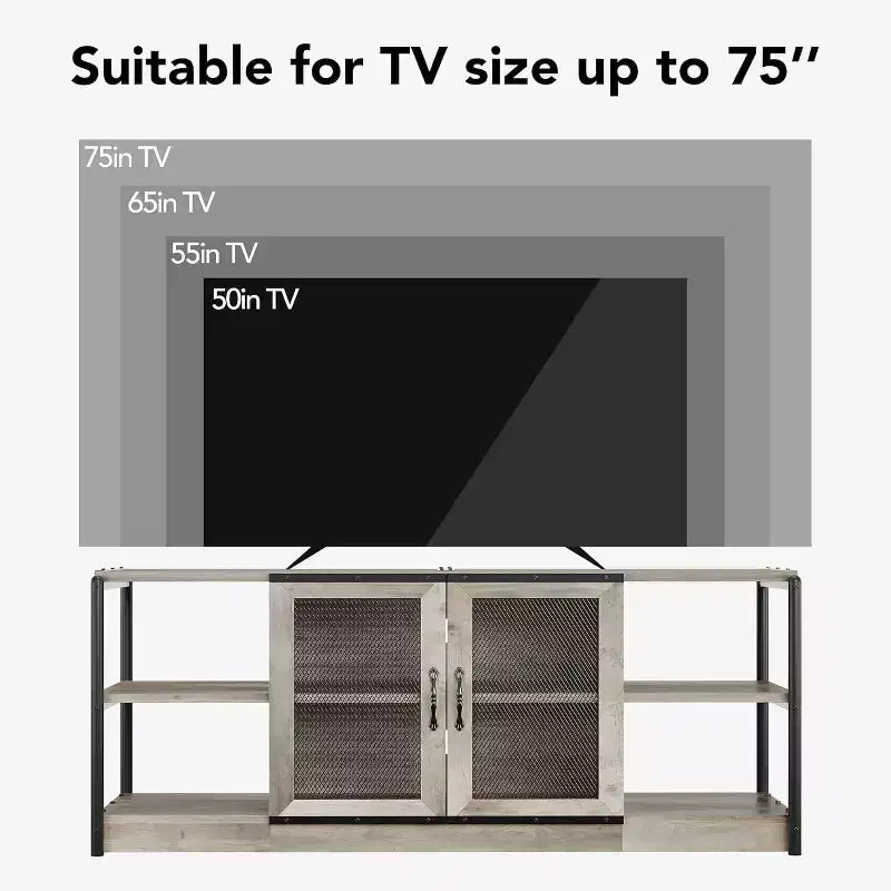 Meuble TV de ferme industriel 63" pour téléviseurs jusqu'à 75", capacité de charge 500 lb, console média avec portes grillagées doubles, meuble de rangement pour salon