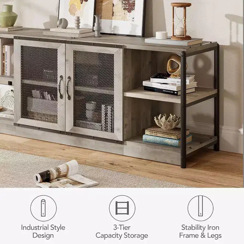 Meuble TV de ferme industriel 63" pour téléviseurs jusqu'à 75", capacité de charge 500 lb, console média avec portes grillagées doubles, meuble de rangement pour salon