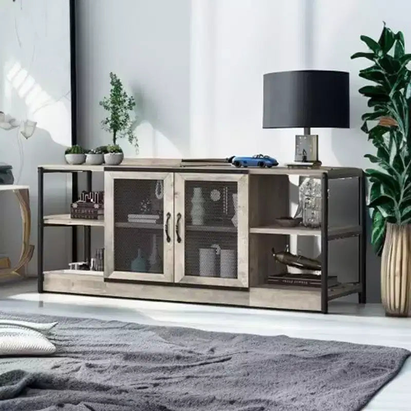 Meuble TV de ferme industriel 63" pour téléviseurs jusqu'à 75", capacité de charge 500 lb, console média avec portes grillagées doubles, meuble de rangement pour salon
