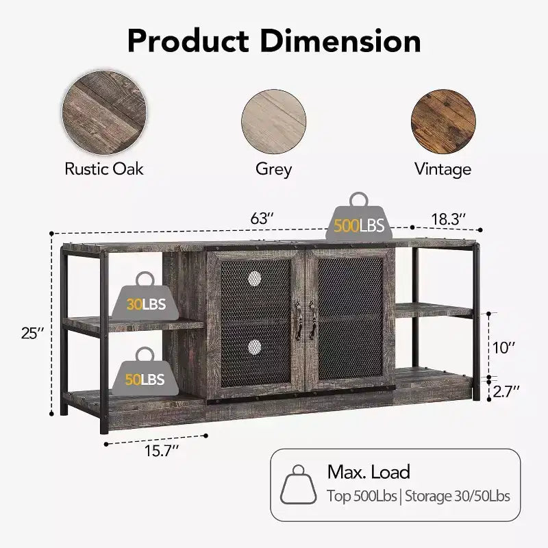 Meuble TV de ferme industriel 63" pour téléviseurs jusqu'à 75", capacité de charge 500 lb, console média avec portes grillagées doubles, meuble de rangement pour salon