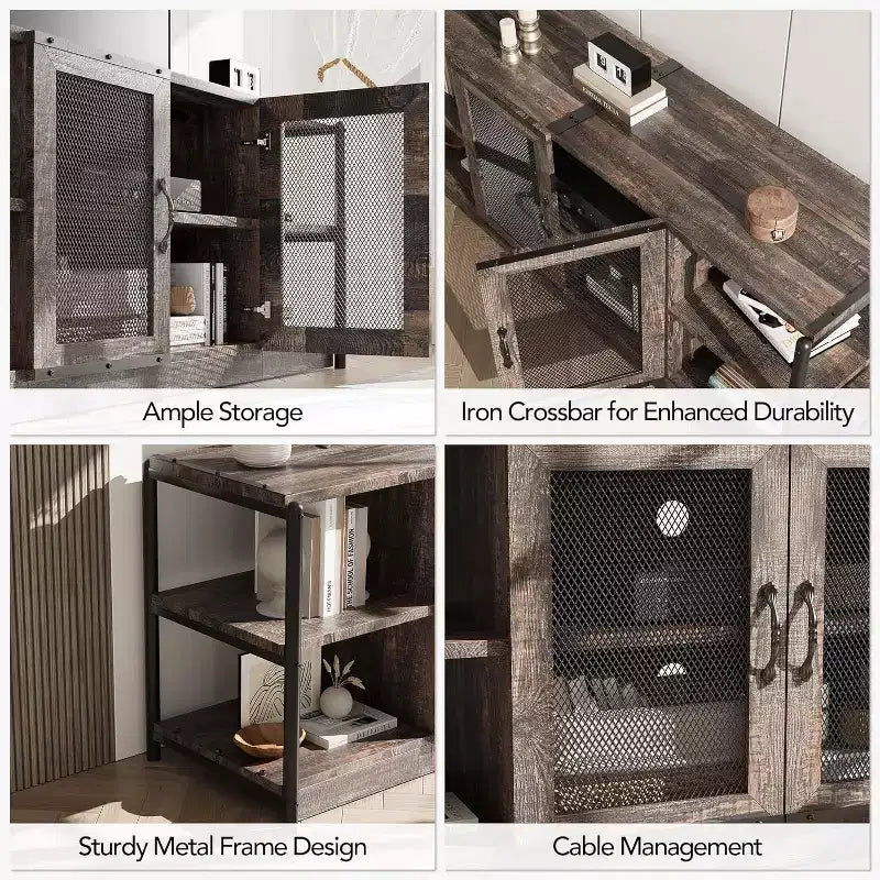 Meuble TV de ferme industriel 63" pour téléviseurs jusqu'à 75", capacité de charge 500 lb, console média avec portes grillagées doubles, meuble de rangement pour salon