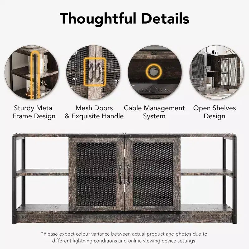 Meuble TV de ferme industriel 63" pour téléviseurs jusqu'à 75", capacité de charge 500 lb, console média avec portes grillagées doubles, meuble de rangement pour salon