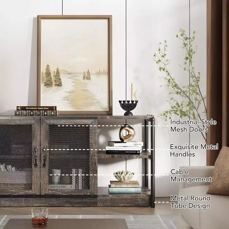 Meuble TV de ferme industriel 63" pour téléviseurs jusqu'à 75", capacité de charge 500 lb, console média avec portes grillagées doubles, meuble de rangement pour salon