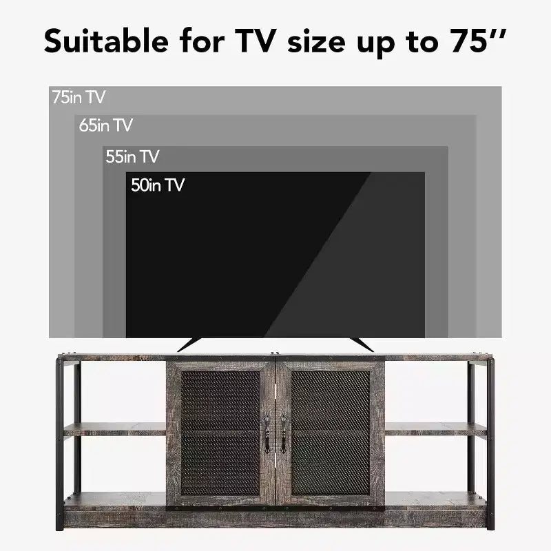 Meuble TV de ferme industriel 63" pour téléviseurs jusqu'à 75", capacité de charge 500 lb, console média avec portes grillagées doubles, meuble de rangement pour salon