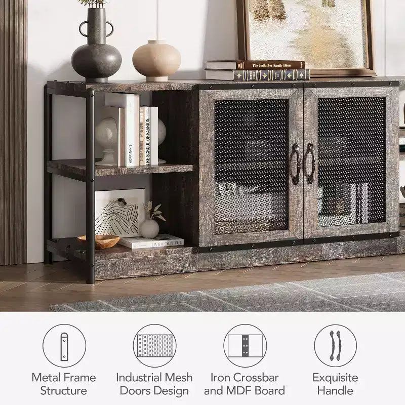 Meuble TV de ferme industriel 63" pour téléviseurs jusqu'à 75", capacité de charge 500 lb, console média avec portes grillagées doubles, meuble de rangement pour salon