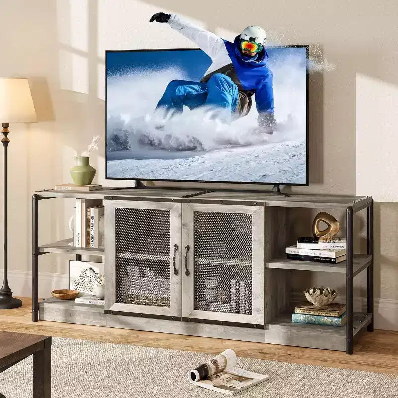 Meuble TV de ferme industriel 63" pour téléviseurs jusqu'à 75", capacité de charge 500 lb, console média avec portes grillagées doubles, meuble de rangement pour salon