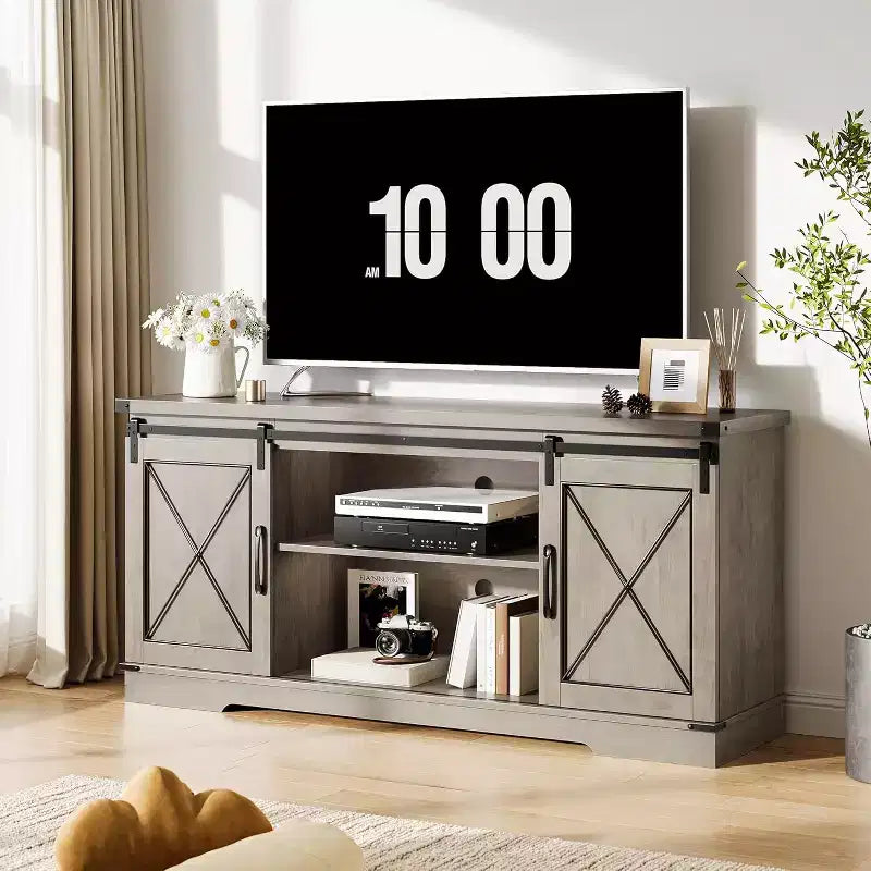 59in Farmhouse TV Stand for TVs Up to 65, Rustic Entertainment Center with Sliding Barn Doors, Storage Cabinets & Adjustable Shelf, Media Console