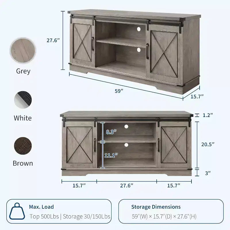59in Farmhouse TV Stand for TVs Up to 65, Rustic Entertainment Center with Sliding Barn Doors, Storage Cabinets & Adjustable Shelf, Media Console