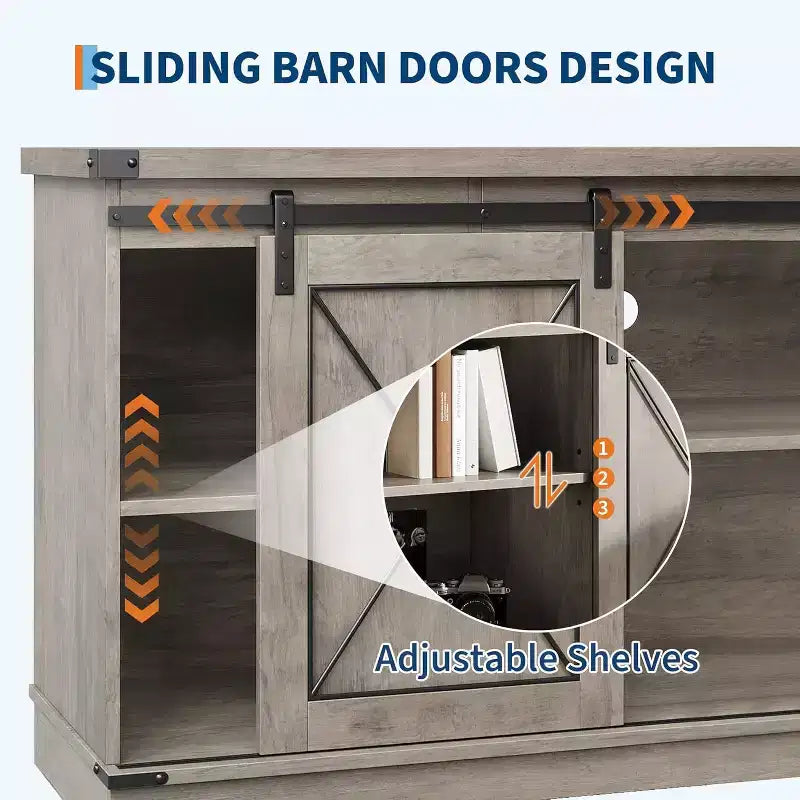 59in Farmhouse TV Stand for TVs Up to 65, Rustic Entertainment Center with Sliding Barn Doors, Storage Cabinets & Adjustable Shelf, Media Console