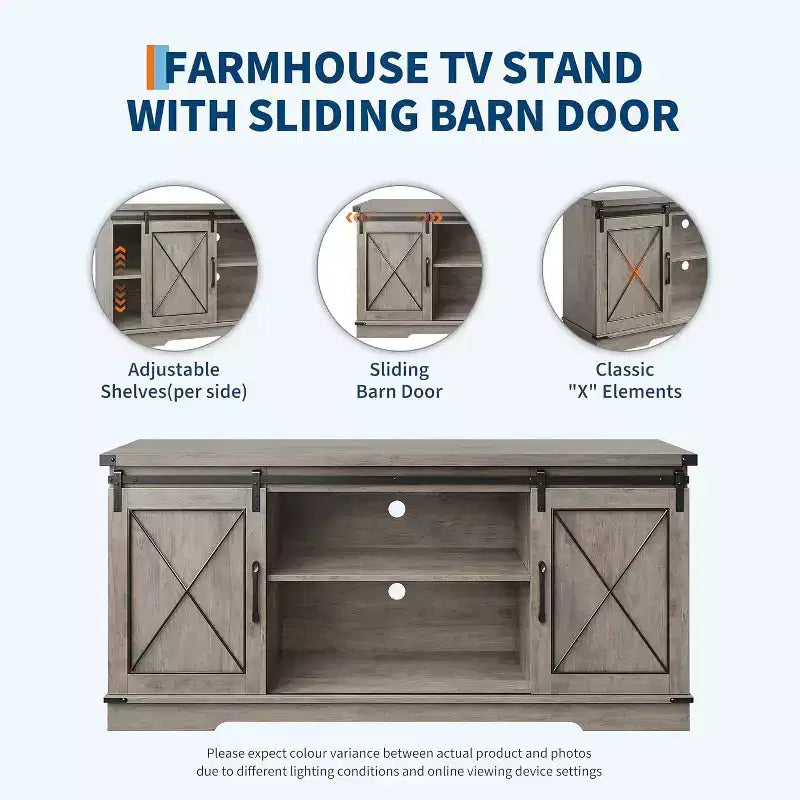 59in Farmhouse TV Stand for TVs Up to 65, Rustic Entertainment Center with Sliding Barn Doors, Storage Cabinets & Adjustable Shelf, Media Console