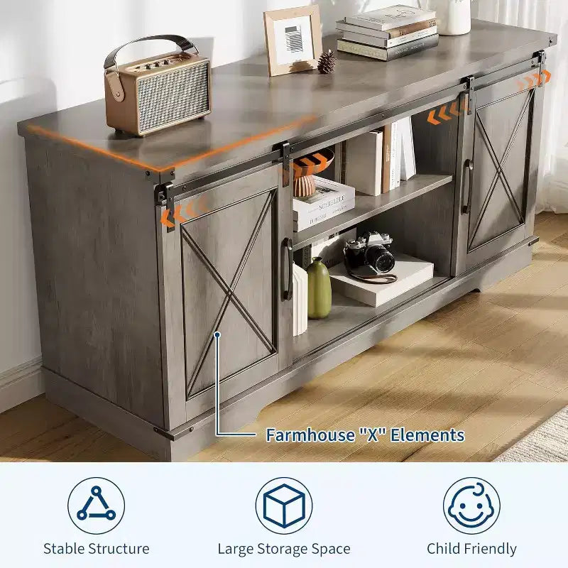 59in Farmhouse TV Stand for TVs Up to 65, Rustic Entertainment Center with Sliding Barn Doors, Storage Cabinets & Adjustable Shelf, Media Console