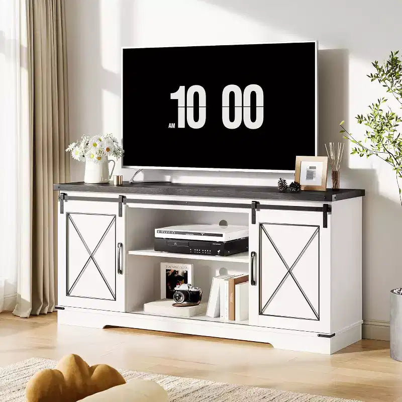 59in Farmhouse TV Stand for TVs Up to 65, Rustic Entertainment Center with Sliding Barn Doors, Storage Cabinets & Adjustable Shelf, Media Console
