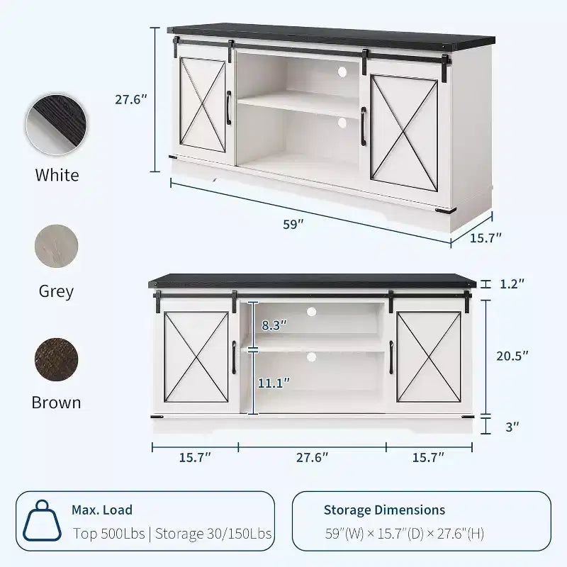 59in Farmhouse TV Stand for TVs Up to 65, Rustic Entertainment Center with Sliding Barn Doors, Storage Cabinets & Adjustable Shelf, Media Console