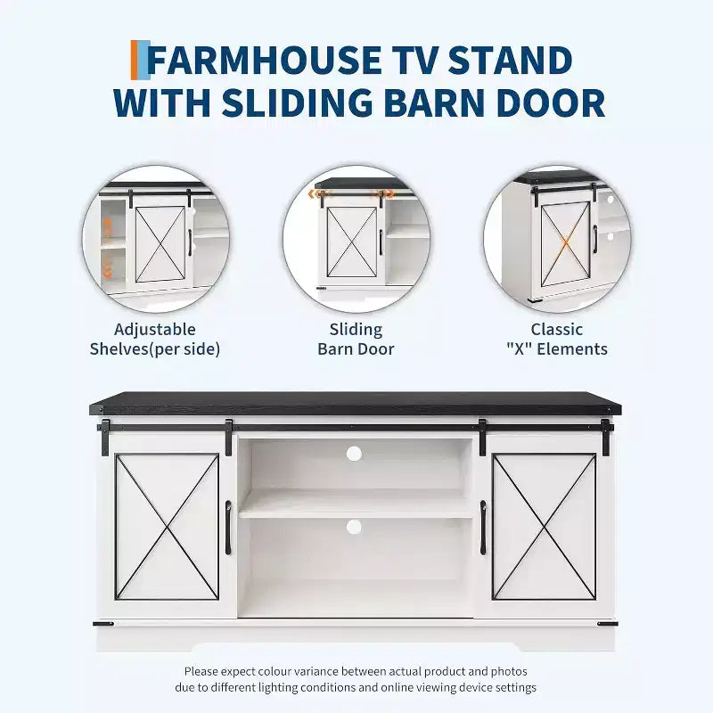 59in Farmhouse TV Stand for TVs Up to 65, Rustic Entertainment Center with Sliding Barn Doors, Storage Cabinets & Adjustable Shelf, Media Console