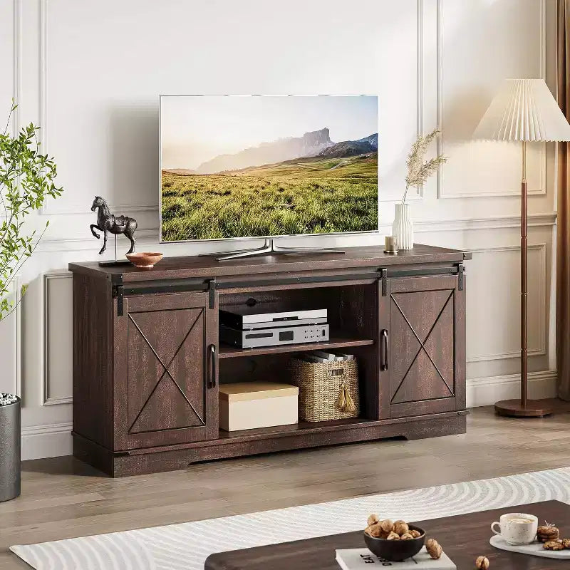 59in Farmhouse TV Stand for TVs Up to 65, Rustic Entertainment Center with Sliding Barn Doors, Storage Cabinets & Adjustable Shelf, Media Console