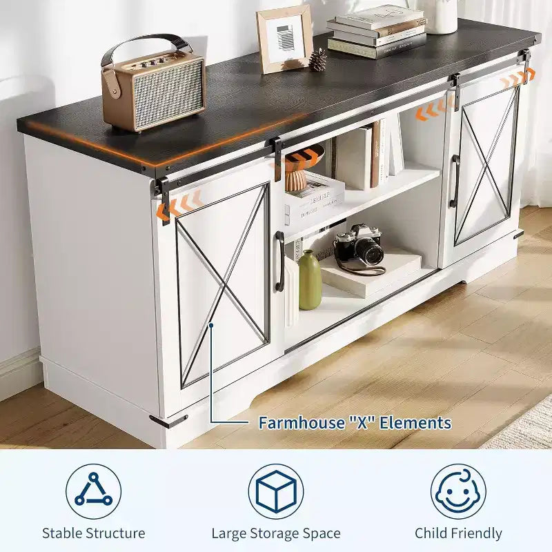 59in Farmhouse TV Stand for TVs Up to 65, Rustic Entertainment Center with Sliding Barn Doors, Storage Cabinets & Adjustable Shelf, Media Console