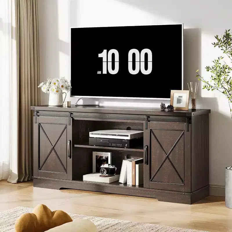 59in Farmhouse TV Stand for TVs Up to 65, Rustic Entertainment Center with Sliding Barn Doors, Storage Cabinets & Adjustable Shelf, Media Console