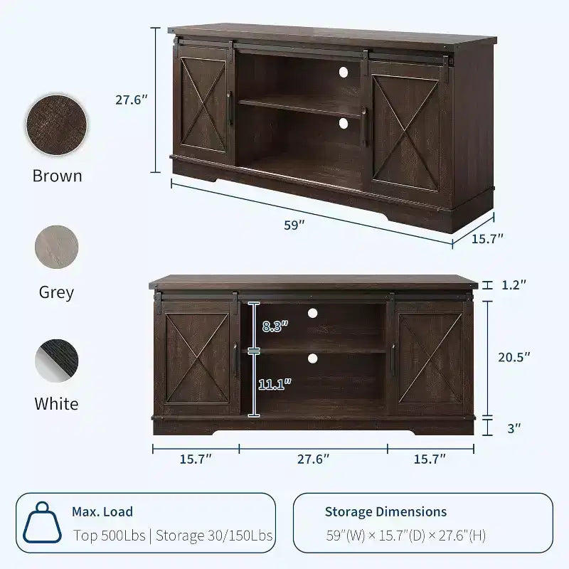 59in Farmhouse TV Stand for TVs Up to 65, Rustic Entertainment Center with Sliding Barn Doors, Storage Cabinets & Adjustable Shelf, Media Console