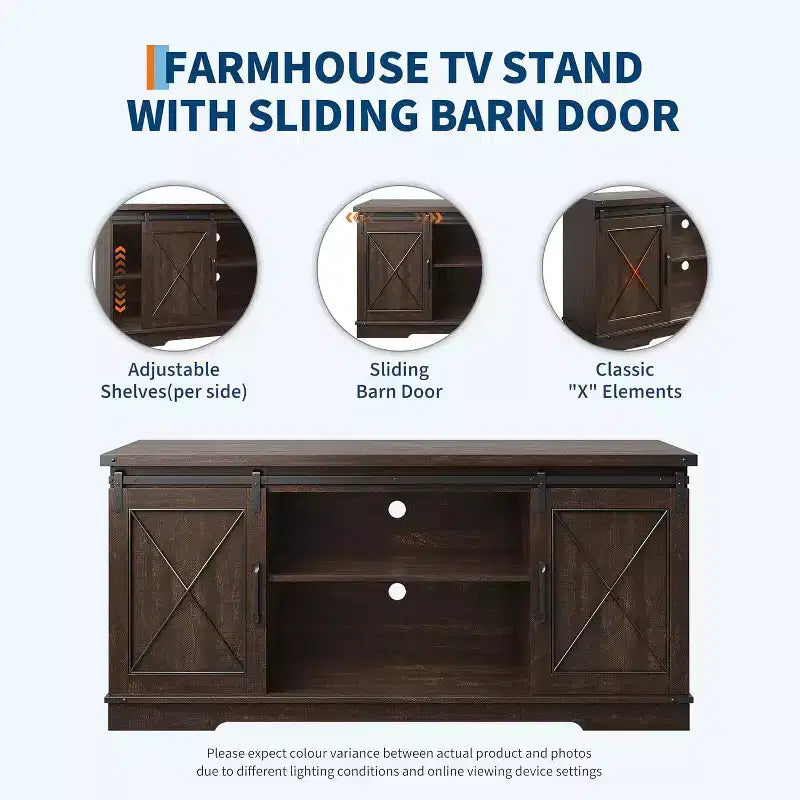 59in Farmhouse TV Stand for TVs Up to 65, Rustic Entertainment Center with Sliding Barn Doors, Storage Cabinets & Adjustable Shelf, Media Console