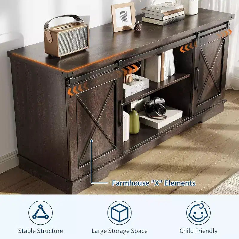 59in Farmhouse TV Stand for TVs Up to 65, Rustic Entertainment Center with Sliding Barn Doors, Storage Cabinets & Adjustable Shelf, Media Console