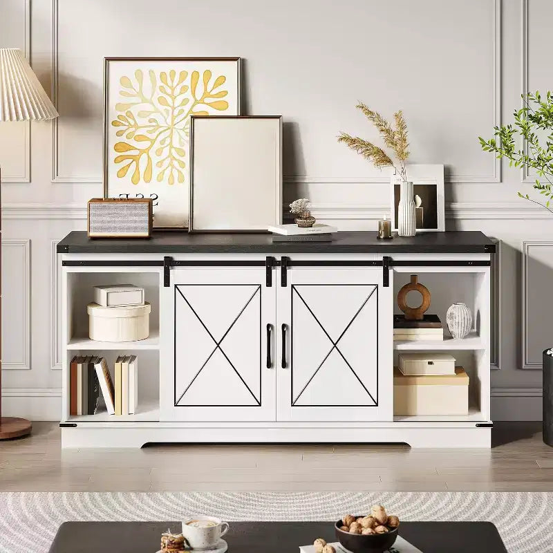59in Farmhouse TV Stand for TVs Up to 65, Rustic Entertainment Center with Sliding Barn Doors, Storage Cabinets & Adjustable Shelf, Media Console