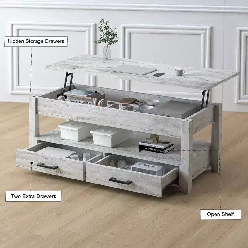 Hausource 47.2 Lift Top Coffee Table with Storage Drawers, Hidden Compartment