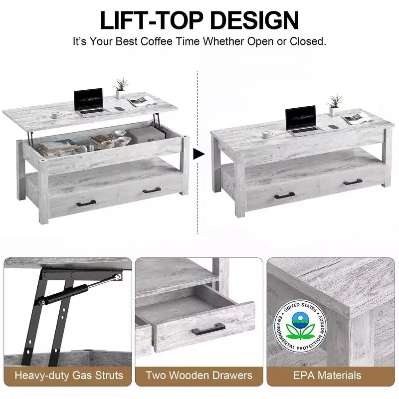Hausource 47.2 Lift Top Coffee Table with Storage Drawers, Hidden Compartment