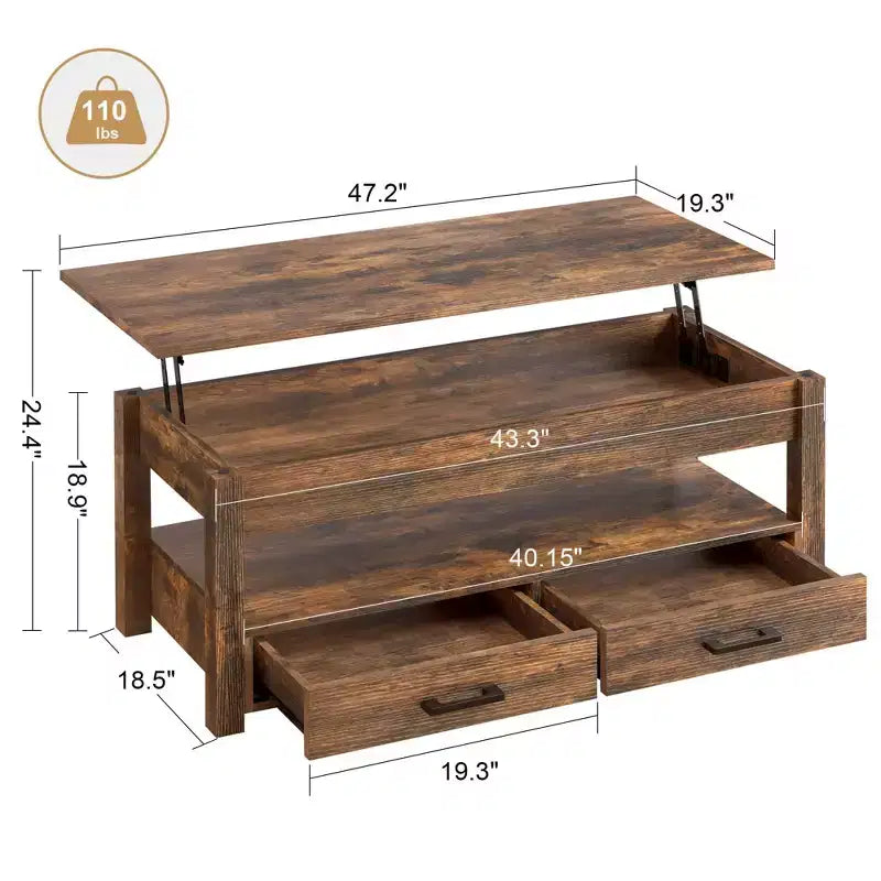 Hausource 47.2 Lift Top Coffee Table with Storage Drawers, Hidden Compartment
