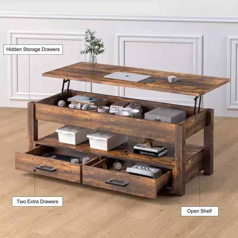 Hausource 47.2 Lift Top Coffee Table with Storage Drawers, Hidden Compartment