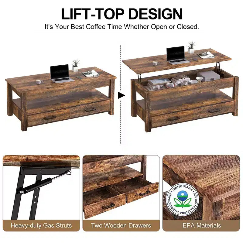 Hausource 47.2 Lift Top Coffee Table with Storage Drawers, Hidden Compartment