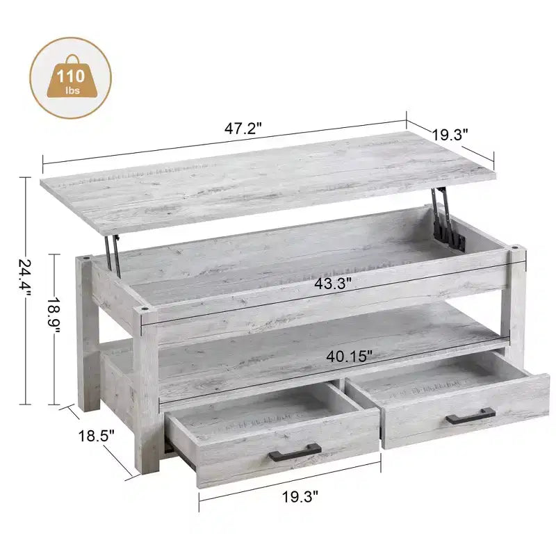 Hausource 47.2 Lift Top Coffee Table with Storage Drawers, Hidden Compartment