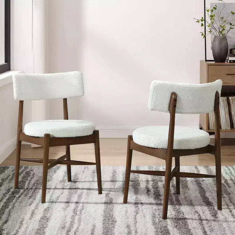 Okak Mid-Century Dining Chairs Set of 2, Comfy Boucle Dining Room Chairs with Rubberwood Legs & Curved Back, Upholstered Kitchen Side Chairs