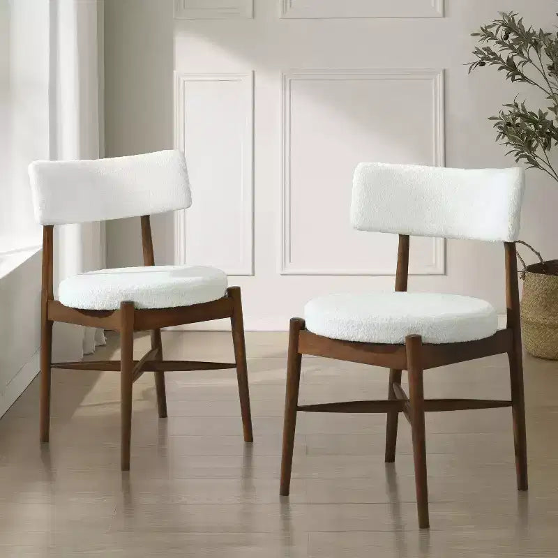 Okak Mid-Century Dining Chairs Set of 2, Comfy Boucle Dining Room Chairs with Rubberwood Legs & Curved Back, Upholstered Kitchen Side Chairs