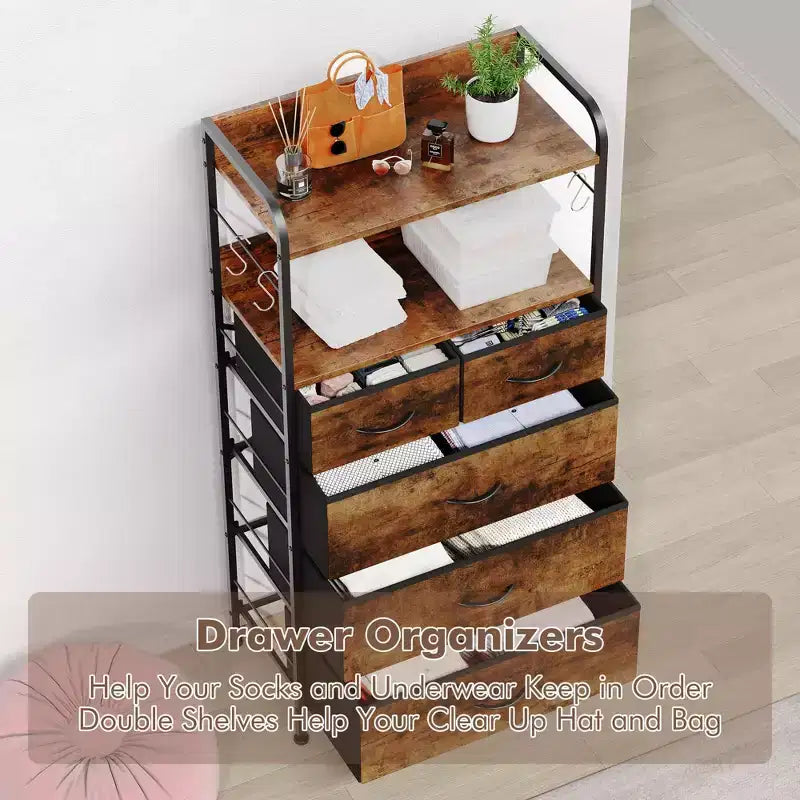 TROPOW 5 tiroirs de commode pour chambre à coucher avec étagères, commodes et chiffonniers pour couloir, entrée, unité de rangement avec tissu