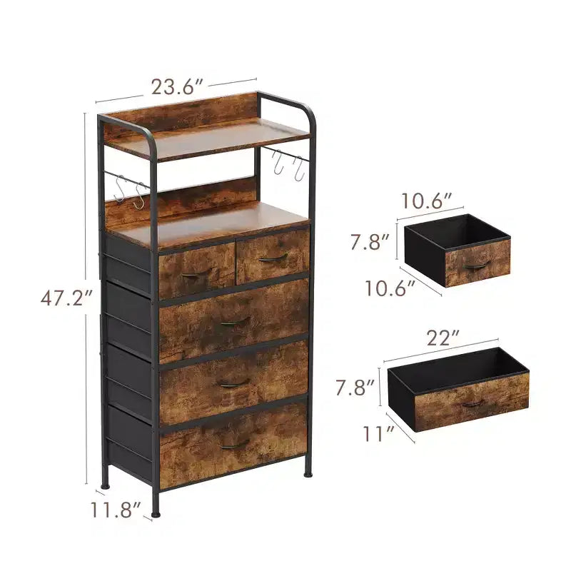 TROPOW 5 tiroirs de commode pour chambre à coucher avec étagères, commodes et chiffonniers pour couloir, entrée, unité de rangement avec tissu