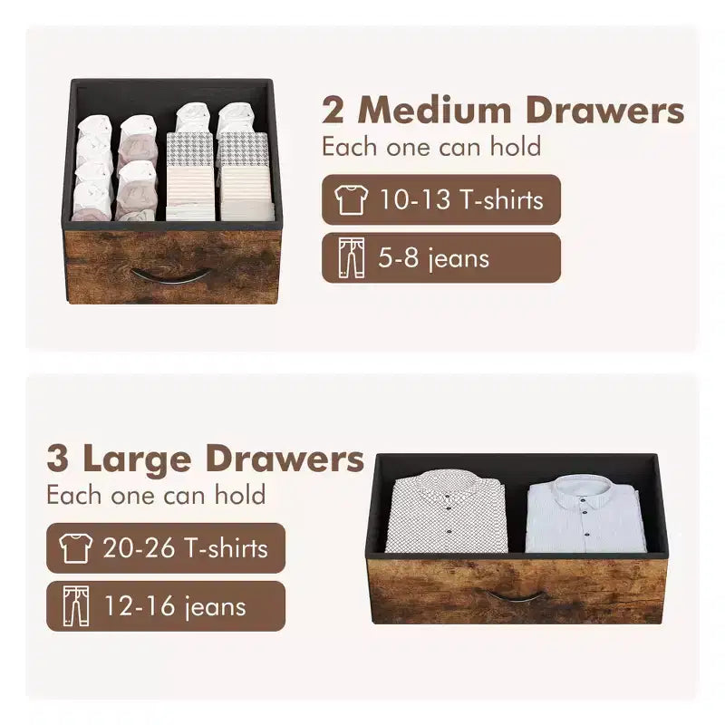 TROPOW 5 tiroirs de commode pour chambre à coucher avec étagères, commodes et chiffonniers pour couloir, entrée, unité de rangement avec tissu