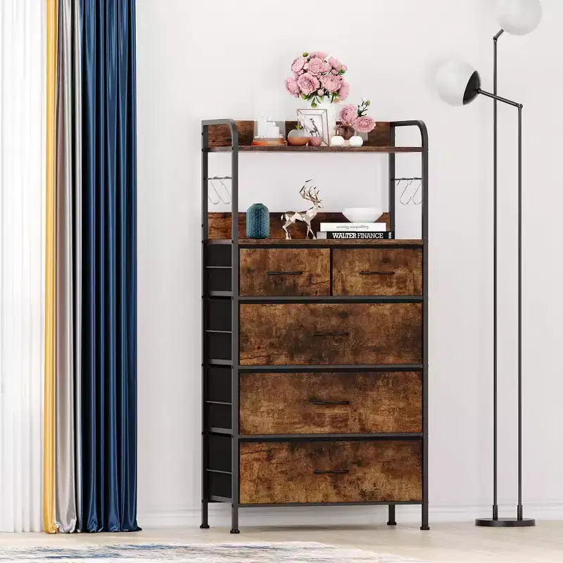 TROPOW 5 tiroirs de commode pour chambre à coucher avec étagères, commodes et chiffonniers pour couloir, entrée, unité de rangement avec tissu