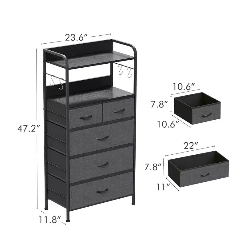 TROPOW 5 tiroirs de commode pour chambre à coucher avec étagères, commodes et chiffonniers pour couloir, entrée, unité de rangement avec tissu