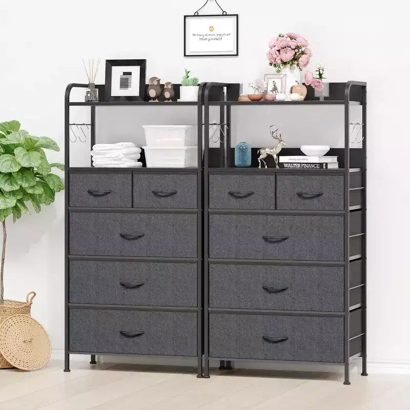 TROPOW 5 tiroirs de commode pour chambre à coucher avec étagères, commodes et chiffonniers pour couloir, entrée, unité de rangement avec tissu