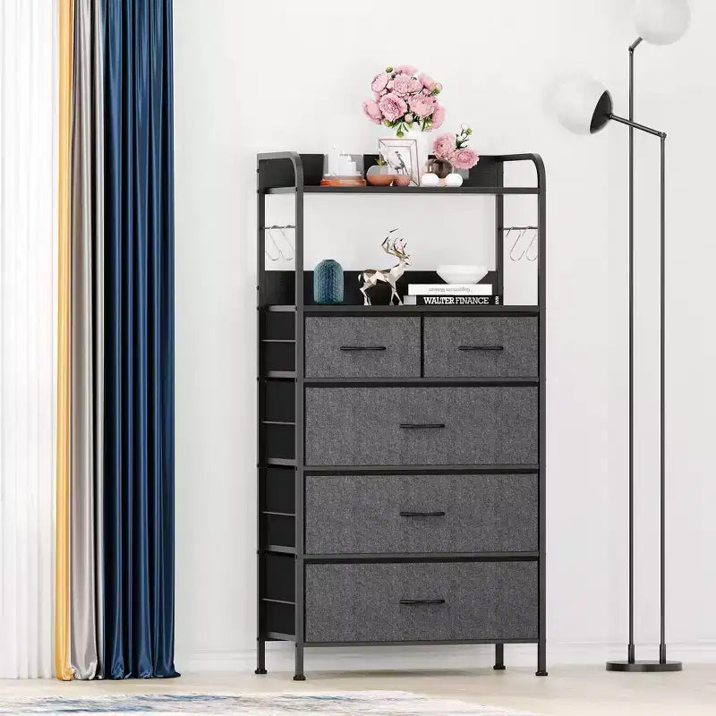 TROPOW 5 tiroirs de commode pour chambre à coucher avec étagères, commodes et chiffonniers pour couloir, entrée, unité de rangement avec tissu