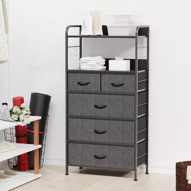 TROPOW 5 Dresser Drawers for Bedroom with Shelves, Dressers & Chest of Drawer for Hallway, Entryway, Storage Organizer Unit with Fabric