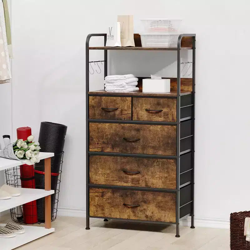 TROPOW 5 tiroirs de commode pour chambre à coucher avec étagères, commodes et chiffonniers pour couloir, entrée, unité de rangement avec tissu