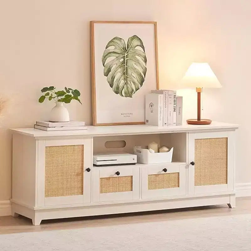 65 Inch Modern TV Stand with Rattan Mesh Doors - Stylish Media Console Cabinet with Storage Shelves for Living Room Entertainment