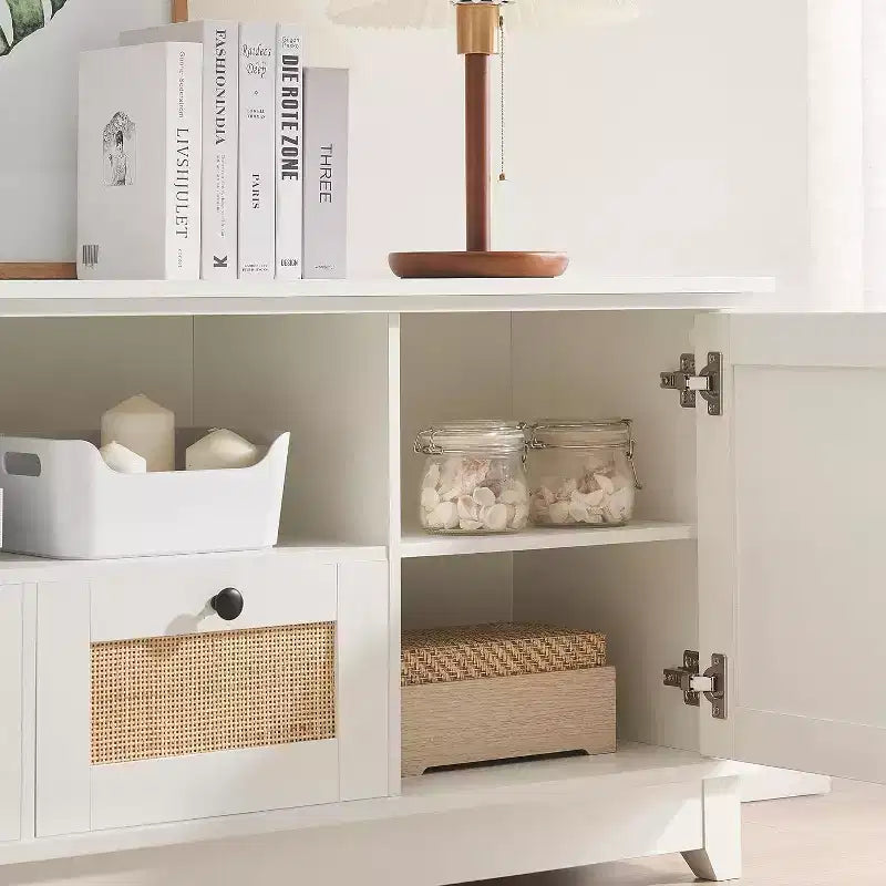 65 Inch Modern TV Stand with Rattan Mesh Doors - Stylish Media Console Cabinet with Storage Shelves for Living Room Entertainment
