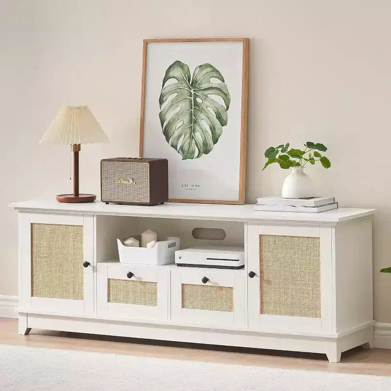 65 Inch Modern TV Stand with Rattan Mesh Doors - Stylish Media Console Cabinet with Storage Shelves for Living Room Entertainment