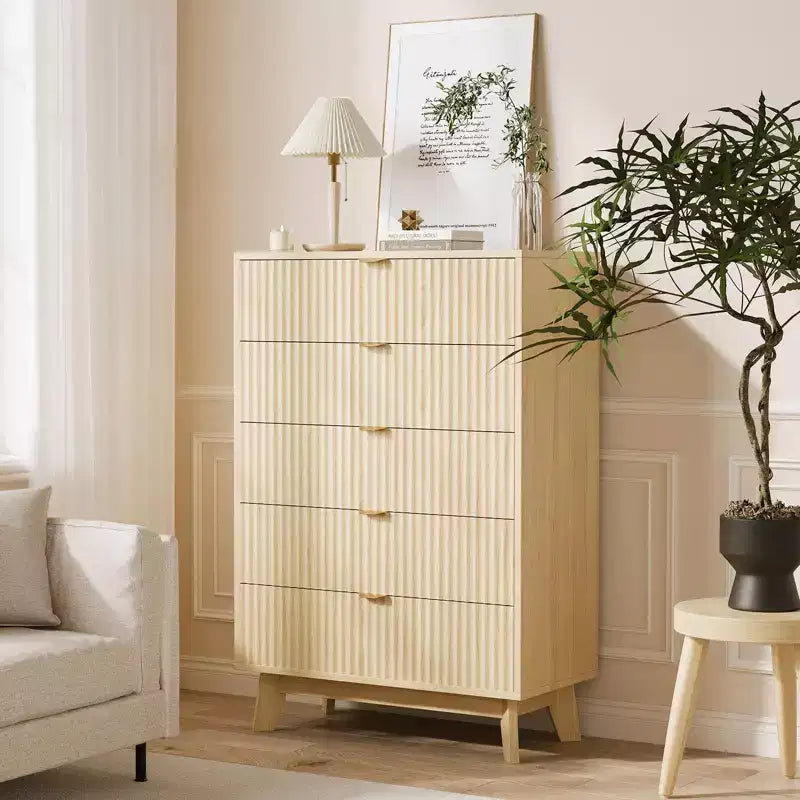Fluted Dresser for Bedroom Wood Tall Dresser Storage Organizer, Modern Bedroom Chest with Deep Storage 5 Drawers Wood