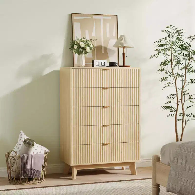 Fluted Dresser for Bedroom Wood Tall Dresser Storage Organizer, Modern Bedroom Chest with Deep Storage 5 Drawers Wood