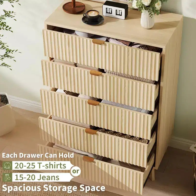 Fluted Dresser for Bedroom Wood Tall Dresser Storage Organizer, Modern Bedroom Chest with Deep Storage 5 Drawers Wood