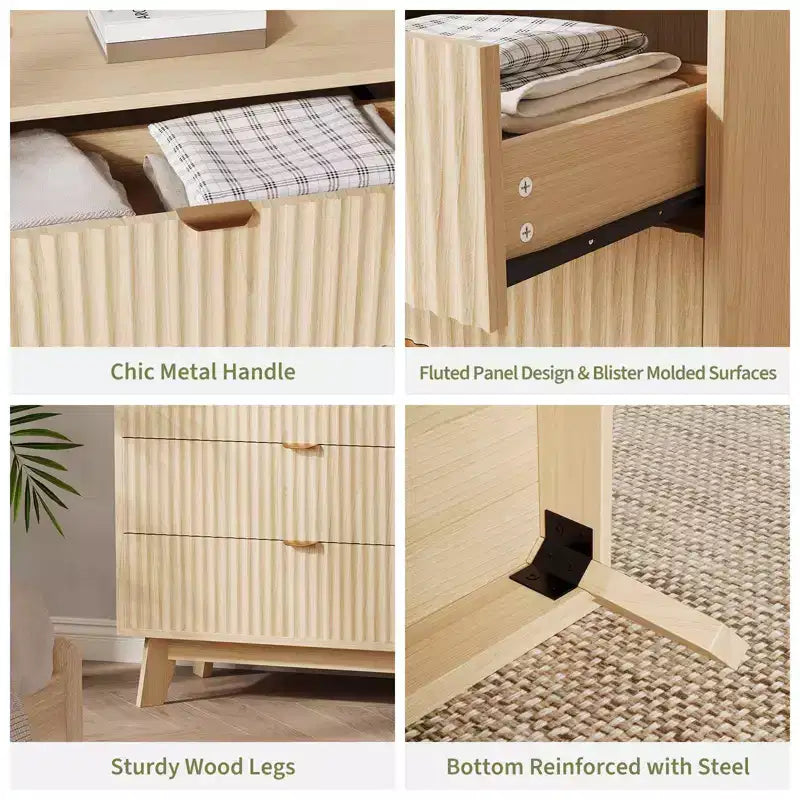 Fluted Dresser for Bedroom Wood Tall Dresser Storage Organizer, Modern Bedroom Chest with Deep Storage 5 Drawers Wood